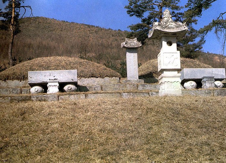국가유산청(공공누리 제1유형, 공유마당 경유) 유관 선생 묘의 나란한 두 봉분 앞에 묘비와 장명등, 상석이 놓여 있고 뒤로 마른 풀빛 산과 소나무가 보입니다.